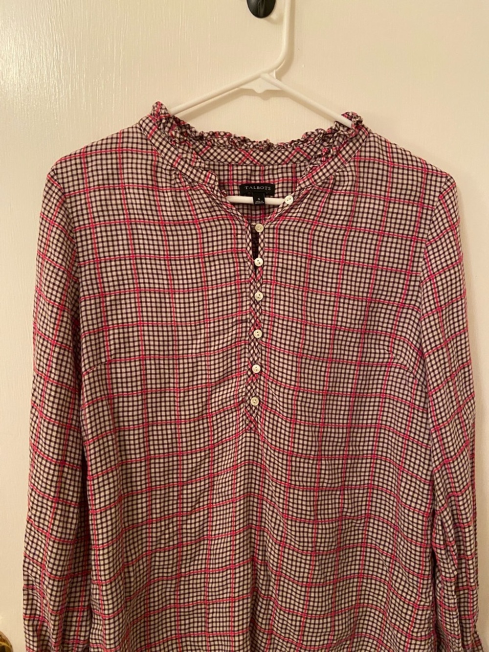 Talbots Pink Plaid Ruffled-Neck Button Pullover
